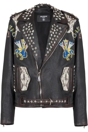 Balmain Jacka, Herr, M, Läder, Svart Getläder Ytterkläder med Broderad Logotyp