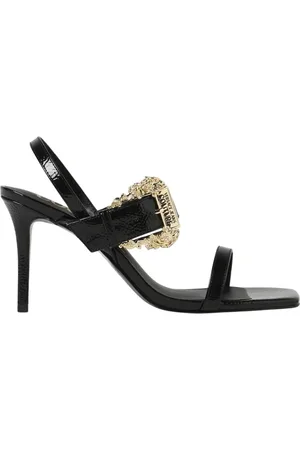 VERSACE Skor, Dam, 38 EU, Läder, Svarta klack sandaler med spänne detalj