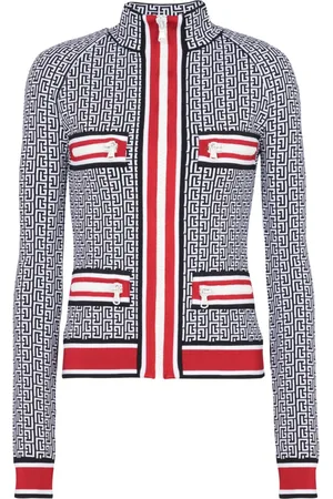 Balmain Stickade tröjor & koftor, Dam, M, Polyester, Monogramstickad jacka