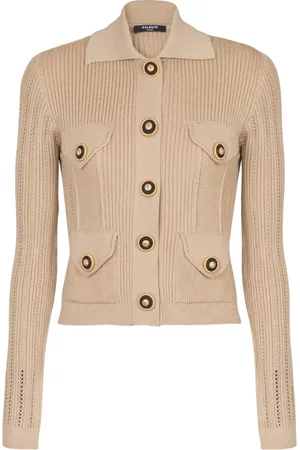 Balmain Stickade tröjor & koftor, Dam, M, Polyester, Beskuren ribbstickad kofta med öppna detaljer