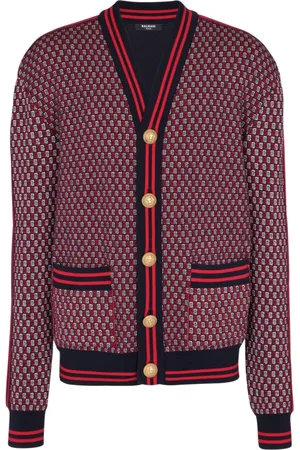 Balmain Stickade tröjor & koftor, Herr, L, Monogrammönstrad ullkofta