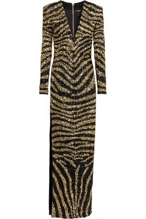 Balmain Klänning, Dam, 2Xl, Paljetter, Lång broderad zebraklänning