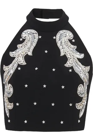 Balmain Topp, Dam, 2Xs, Paljetter, Barock broderad topp utan rygg