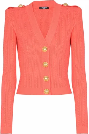 Balmain Stickade tröjor & koftor, Dam, M, Polyester, Kabelstickad kofta med lång ärm