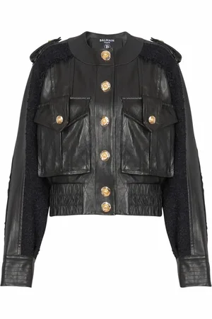 Balmain Jacka, Dam, S, Läder, Tweed- och läderbomberjacka