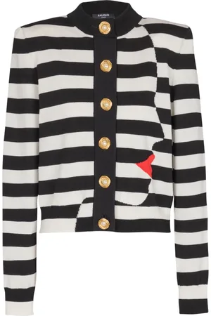 Balmain Stickade tröjor & koftor, Dam, M, Polyester, Stickad Marinière kofta med ansiktsmotiv