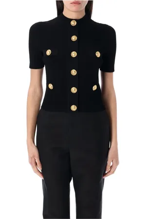 Balmain Stickade tröjor & koftor, Dam, M, Polyester, Stickad Kofta med Guldiga Metallknappar