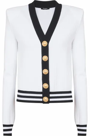 Balmain Stickade tröjor & koftor, Dam, S, Polyester, Tvåtonad monogramstickad kofta