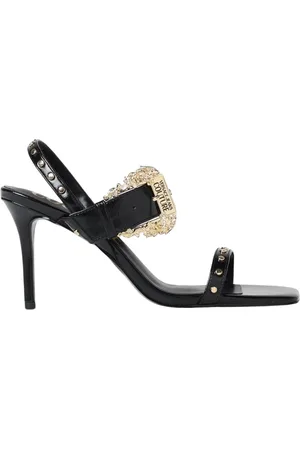 VERSACE Skor, Dam, 37 EU, Läder, Svarta Läderhöga Klackar Sandaler