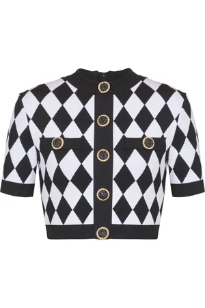 Balmain Stickade tröjor & koftor, Dam, M, Polyester, Diamant jacquardstickad topp