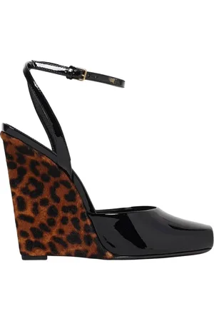 Saint Laurent Skor, Dam, 37 EU, Läder, Leopardmönstrade Kilklackssandaler