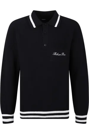 Balmain Stickade tröjor & koftor, Herr, XL, Bomull, Svart Pikétröja med Logobroderi