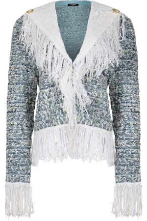 Balmain Jacka, Dam, M, Denim, Frynset Tweed Denim Jacka