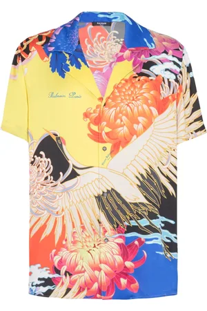 Balmain Skjorta, Herr, M, Kortärmad satin skjorta med Crane-tryck