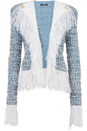 Balmain Jacka, Dam, 2Xs, Denim, Fransad denim tweedjacka