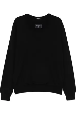 Balmain Stickade tröjor & koftor, Herr, L, Svart Stickad Tröja med Logopatch