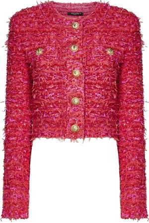 Balmain Jacka, Dam, S, Tweed, Röd Lamé Tweed Kort Jacka