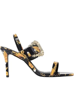 VERSACE Skor, Dam, 39 EU, Läder, Svarta Barocktryck Klack Sandaler