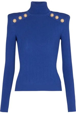 Balmain Stickade tröjor & koftor, Dam, M, Polyester, Stickad tröja med guldiga knappar