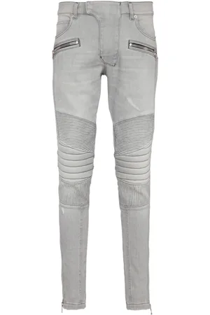 Balmain Jeans, Herr, W32, Denim, Biker Jeans i grå quiltad denim