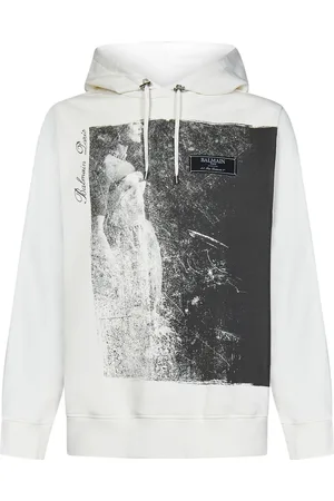 Balmain Sweatshirts & Hoodies, Herr, M, Bomull, Vit Bomullshoodie med Fotografiskt Tryck