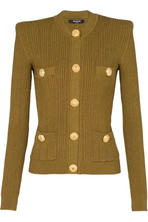 Balmain Stickade tröjor & koftor, Dam, L, Nylon, Grön Stickad Kofta