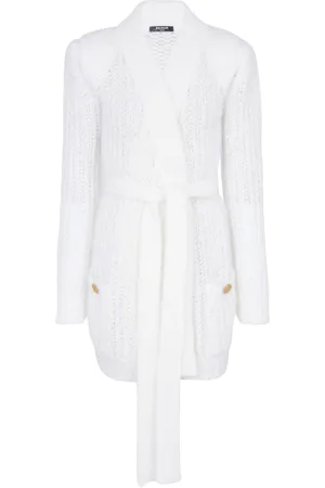 Balmain Stickade tröjor & koftor, Dam, M, Polyester, Glittrig mohairkardigan med bälte
