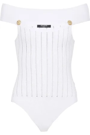 Balmain Topp, Dam, M, Nylon, Ribbstickad Off-Shoulder Vit Body