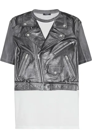 Balmain Topp, Herr, L, Bomull, T-shirt med bikerjacka-tryck