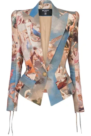 Balmain Jacka, Dam, S, Slim-fit Sky tryckt canvasjacka