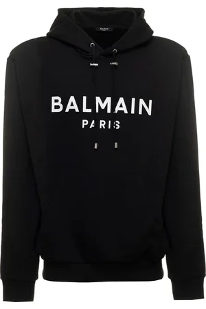 Balmain Sweatshirts & Hoodies, Herr, L, Bomull, Svart huvtröja med logotyptryck