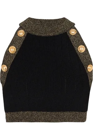 Balmain Topp, Dam, S, Polyester, Stickad crop top med guldkant