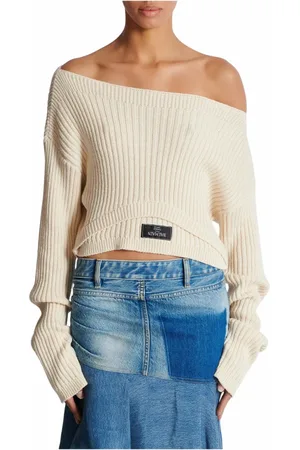 Balmain Stickade tröjor & koftor, Dam, XS, Bomull, Båthals optisk illusion ribbad crop top