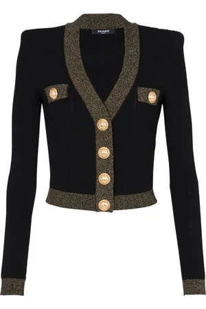 Balmain Stickade tröjor & koftor, Dam, M, Polyester, Guld Trim Stickad Kofta