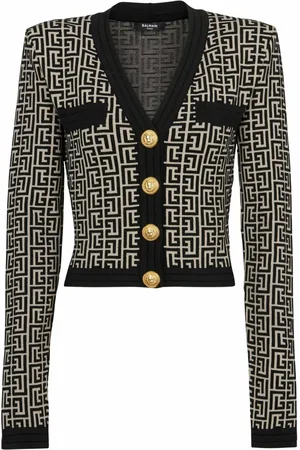 Balmain Stickade tröjor & koftor, Dam, 2Xs, Monogramstickad kofta