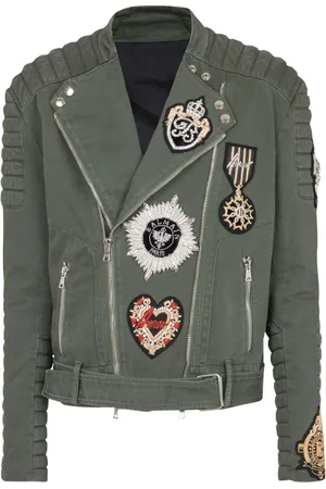 Balmain Jacka, Herr, XL, Denim, Denim Bikerjacka med broderade märken