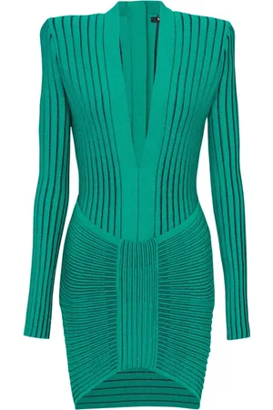 Balmain Klänning, Dam, L, Polyester, Långärmad V-ringad Egyptisk Stickad Kort Klänning