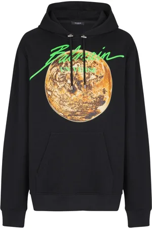 Balmain Sweatshirts & Hoodies, Herr, 2Xl, Bomull, Tryckt Universe-logotyp och planet huvtröja