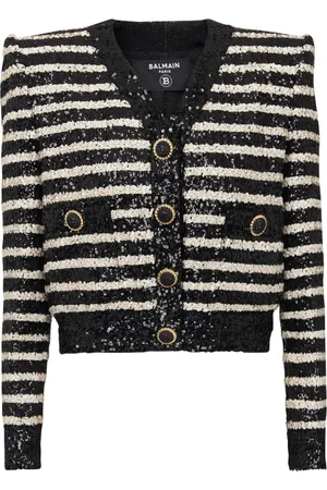 Balmain Jacka, Dam, XS, Polyester, Kort randig paljettkavaj med 2 fickor