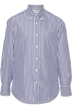 Brunello Cucinelli Skjorta, Herr, M, Bomull, Marinrandig Poplin Skjorta
