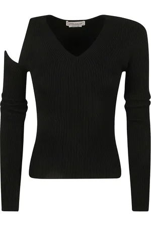 Alexander McQueen Stickade tröjor & koftor, Dam, M, Polyester, Svart Slash V Hals Tröja Sweater