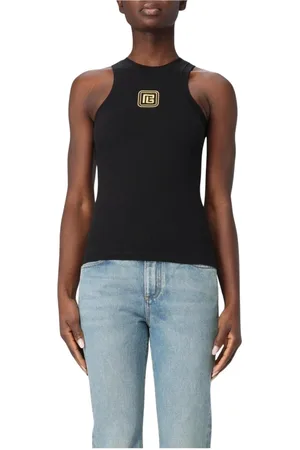 Balmain Topp, Dam, S, Bomull, Räfflad Tanktop med Guldlogotyp
