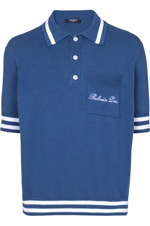 Balmain Topp, Herr, L, Bomull, Bomull-linne polotröja med Balain Signature brodyr