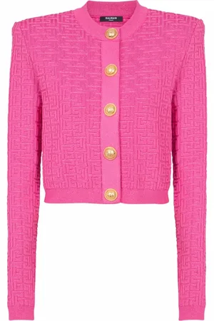 Balmain Stickade tröjor & koftor, Dam, L, Polyester, Beskuren monogramstickad kofta
