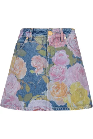 Balmain Kjol, Dam, XS, Denim, Pastel Roses tryckt denimkjol