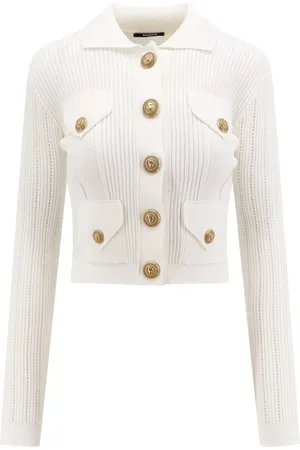 Balmain Stickade tröjor & koftor, Dam, XS, Polyester, Vit Stickad Klädsel med Metallknappar