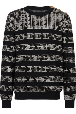 Balmain Stickade tröjor & koftor, Herr, XL, Linne, Randig PB Labyrinth ull och linne tröja