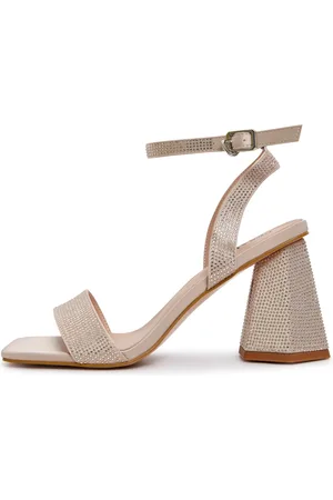 CESARE GASPARI Skor, Dam, 39 EU, Läder, Sandaler med remmar och blockklack med strass - Guld