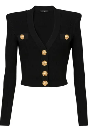 Balmain Stickade tröjor & koftor, Dam, M, Polyester, Beskuren ekodesignerad stickad kofta med guldtonade knappar