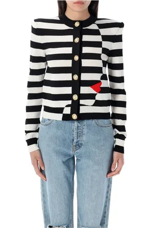 Balmain Stickade tröjor & koftor, Dam, S, Polyester, Geometrisk Stickad Kofta med Motiv